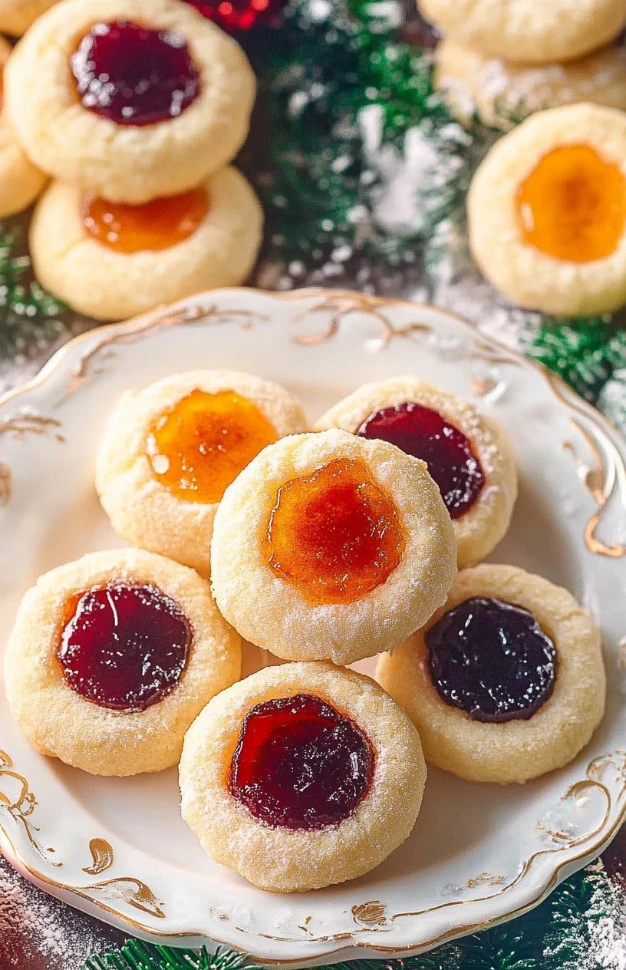 A plate of delicious homemade thumbprint cookies filled with colorful jam