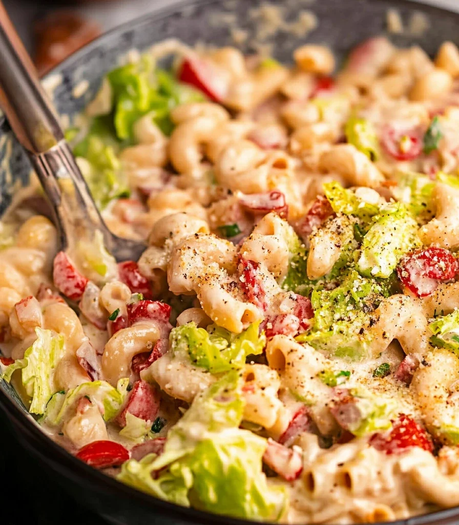 Bowl of delicious Tuna Macaroni Salad with fresh ingredients