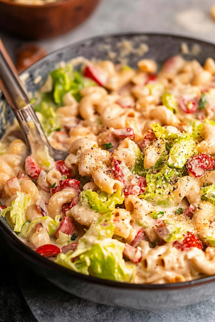 Bowl of delicious Tuna Macaroni Salad with fresh ingredients