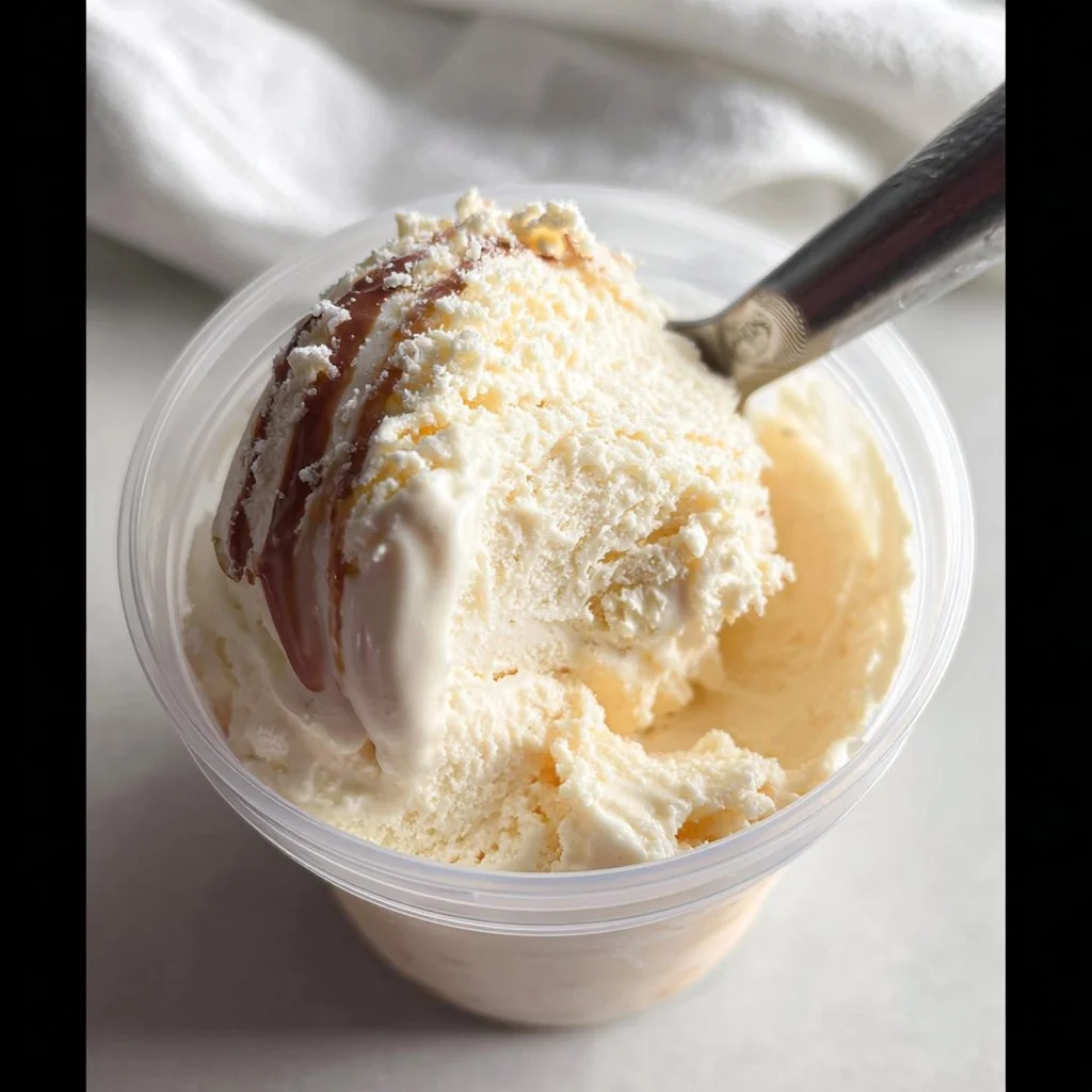 Homemade vanilla ice cream made using the Ninja Creami machine.