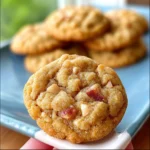Freshly baked Brown Sugar Rhubarb Cookies on a rustic wooden table.