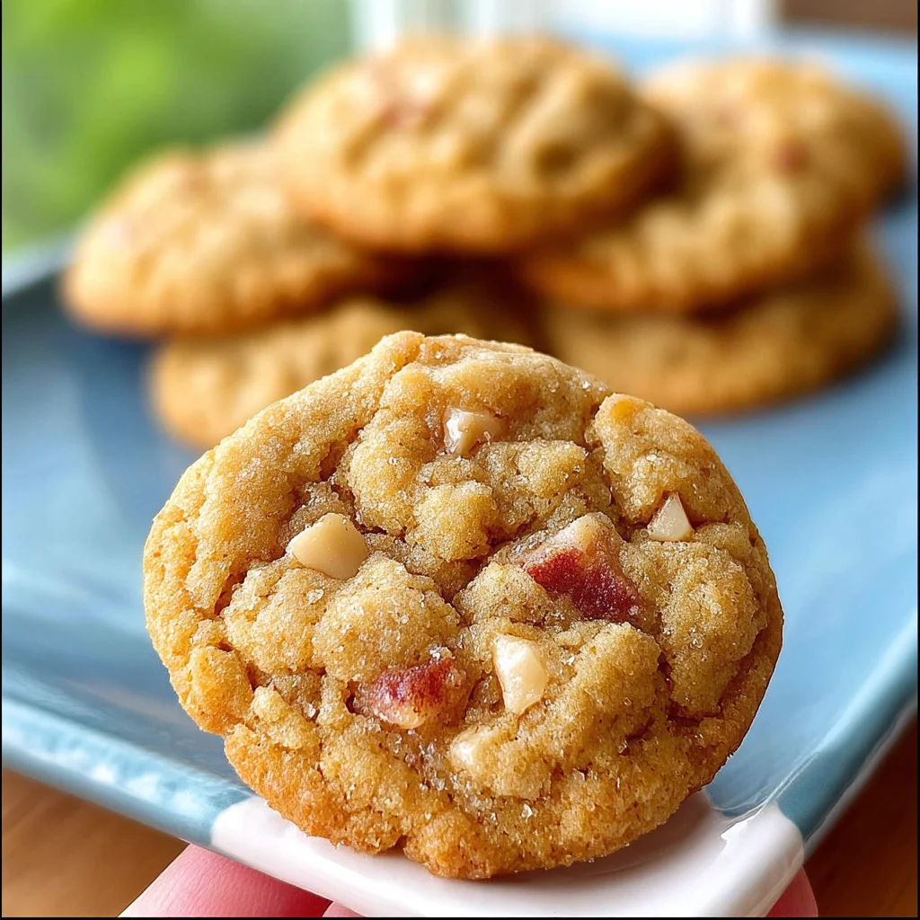 Freshly baked Brown Sugar Rhubarb Cookies on a rustic wooden table.