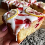 Super moist lemon drizzle raspberry cake served on a white plate