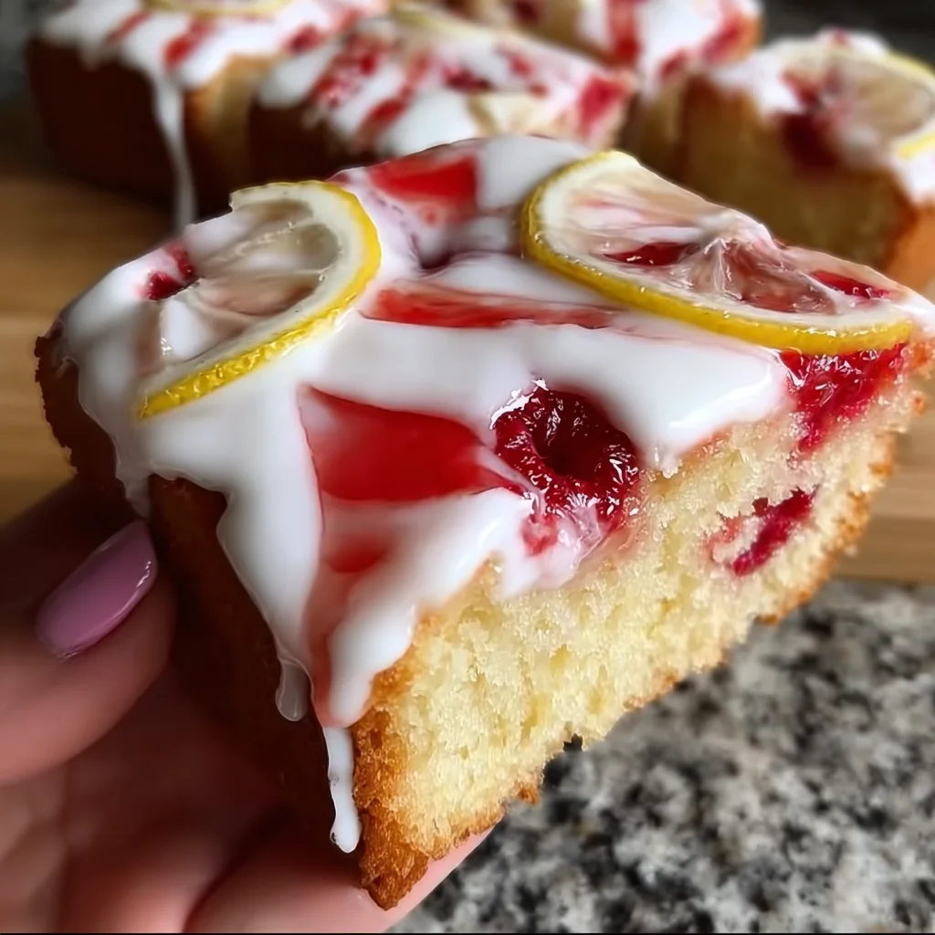 Super moist lemon drizzle raspberry cake served on a white plate