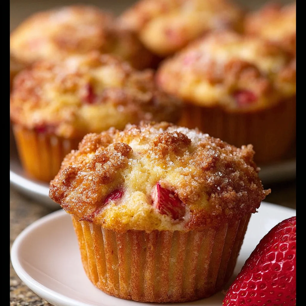 Freshly baked rhubarb muffins with a golden crust and rhubarb pieces