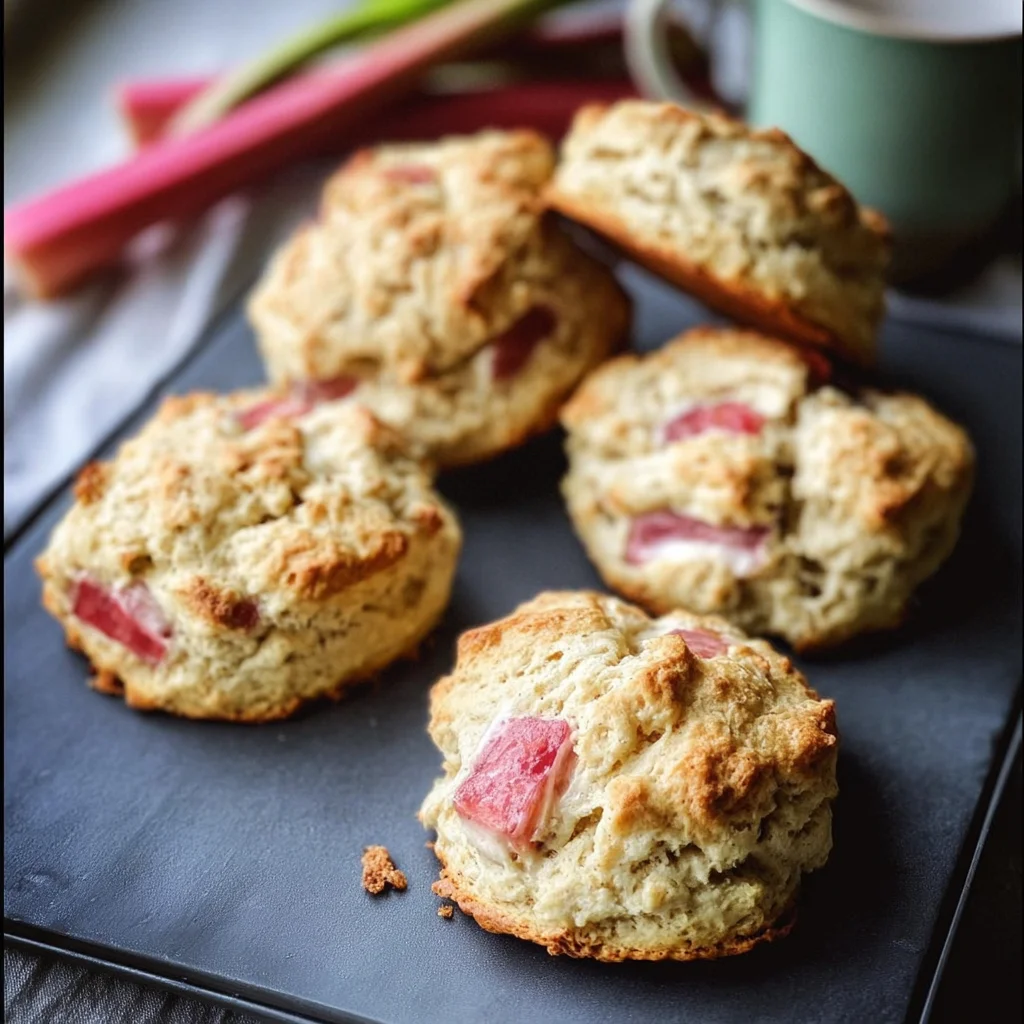 Freshly baked rhubarb scones on a wooden table, showcasing their flaky texture.