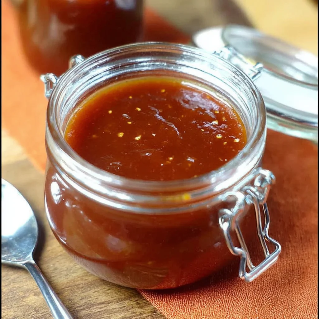 Homemade roasted rhubarb barbecue sauce in a jar