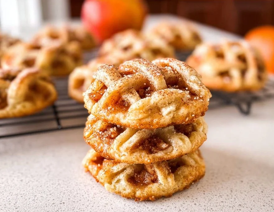 Freshly baked apple pie cookies on a cooling rack