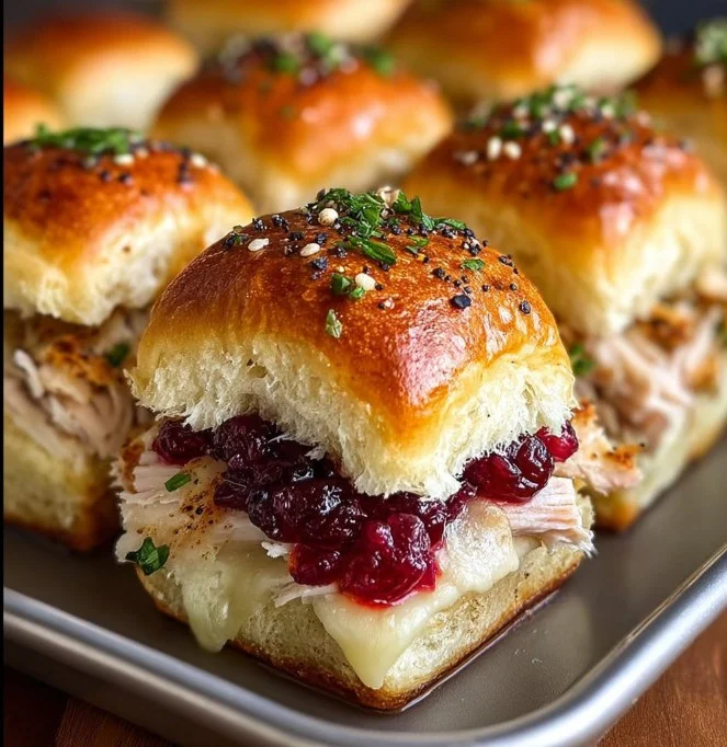 Baked cranberry turkey sliders topped with Havarti cheese and poppy seeds