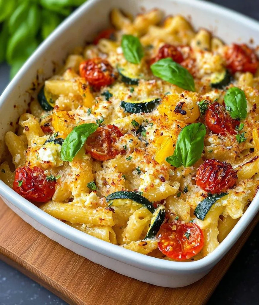 Creamy baked feta pasta served with fresh herbs and tomatoes