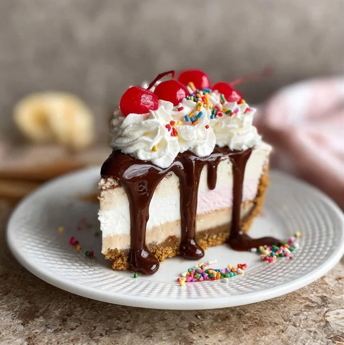 Delicious Banana Split Ice Cream Pie with vibrant toppings and whipped cream