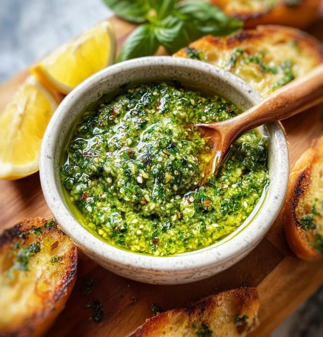 Homemade basil pesto in a dish garnished with pine nuts and fresh basil leaves.