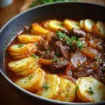 Hearty beef stew with a creamy potato topping, perfect for comforting meals.
