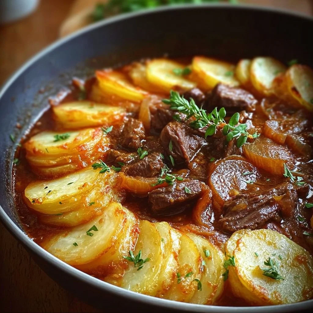 Hearty beef stew with a creamy potato topping, perfect for comforting meals.