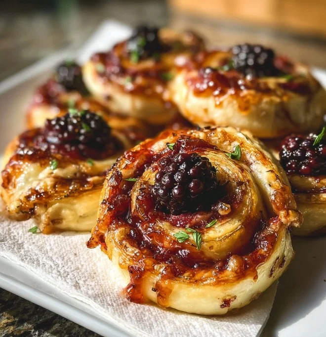 Delicious Blackberry Brie Pinwheels served on a platter