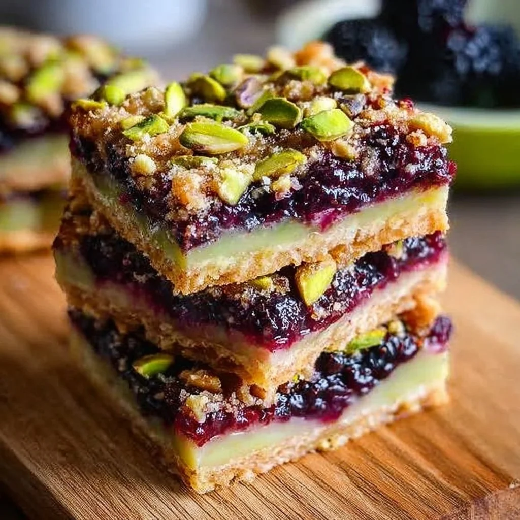 Delicious Blackberry Pistachio Dream Bars on a plate