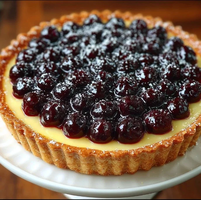 Blueberry lemon curd tart with fresh blueberries and a golden crust