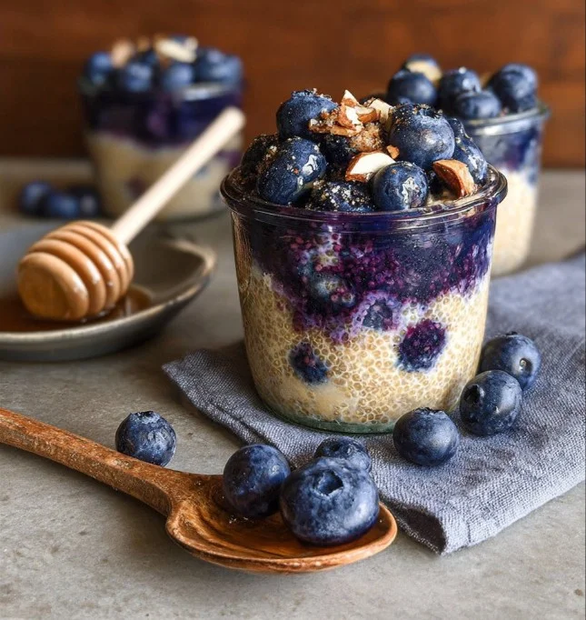 Blueberry overnight quinoa topped with fresh blueberries and nuts in a bowl.