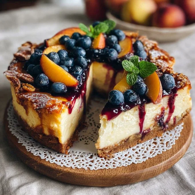 Delicious Blueberry Peach Cheesecake topped with fresh fruit