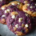 Delicious blueberry white chocolate cookies on a rustic wooden table