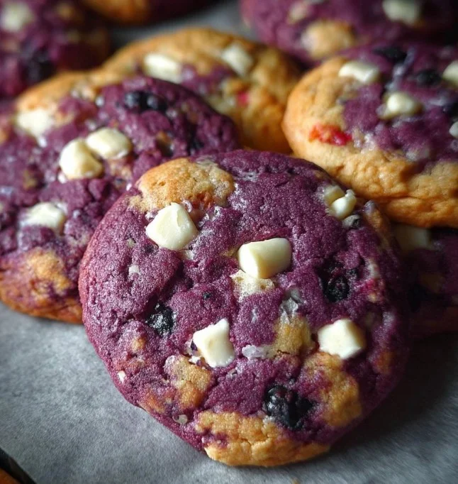 Delicious blueberry white chocolate cookies on a rustic wooden table
