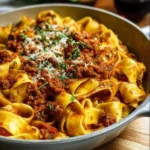 Delicious Bolognese Pappardelle served with fresh herbs and grated cheese.