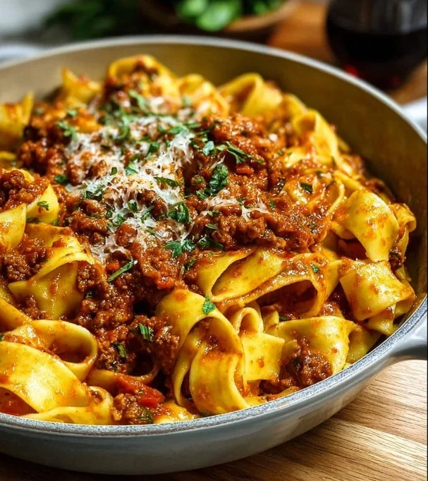 Delicious Bolognese Pappardelle served with fresh herbs and grated cheese.