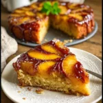 Bourbon Peach Upside-Down Cake topped with juicy peaches and bourbon glaze.