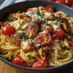 Plate of bruschetta chicken pasta topped with fresh basil and tomatoes