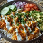 Delicious Buffalo Chicken Bowl topped with ranch and fresh veggies