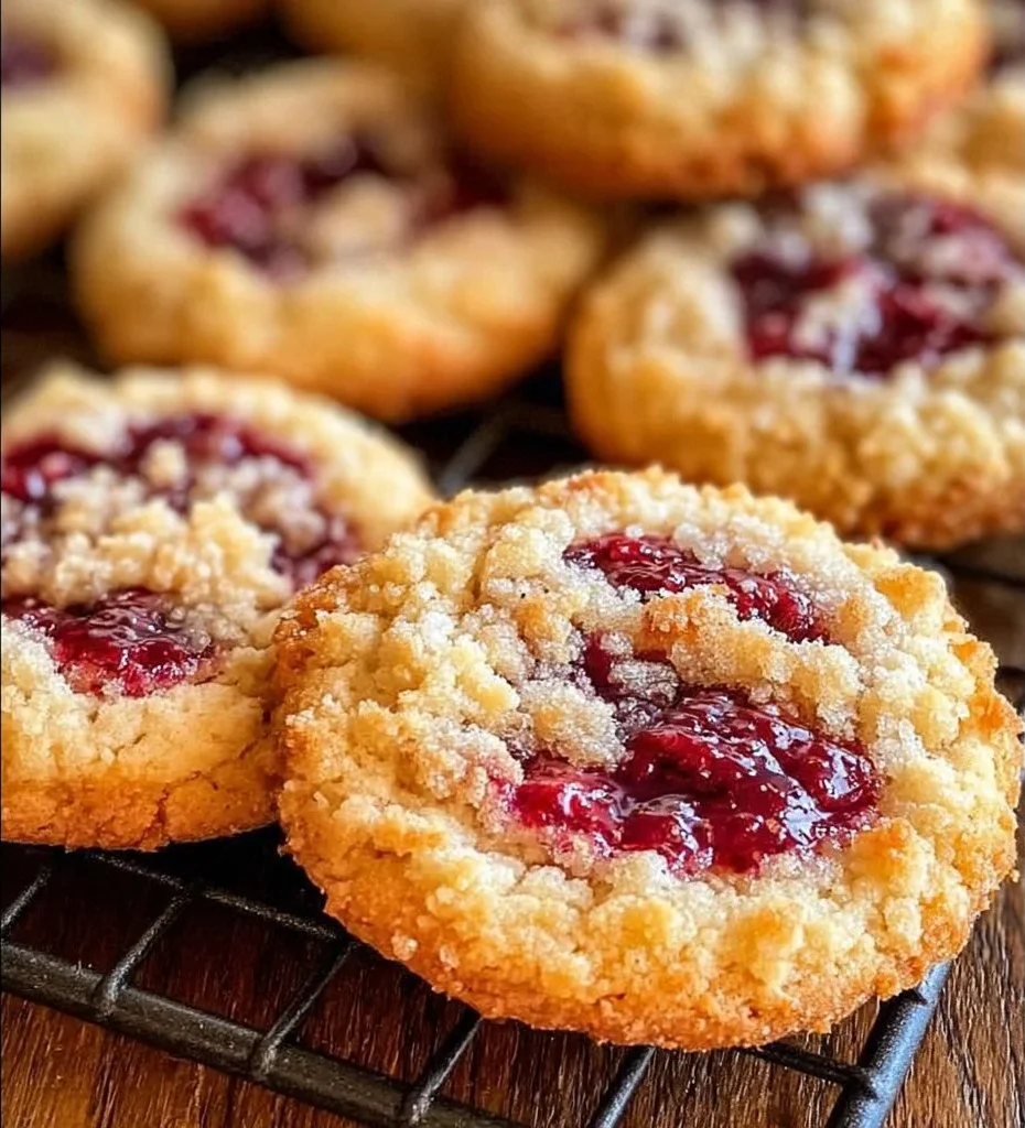 Buttery raspberry crumble cookies with a crumbly topping and fresh raspberries.