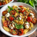 Delicious Caprese Pasta Salad with fresh mozzarella, tomatoes, basil, and balsamic glaze.