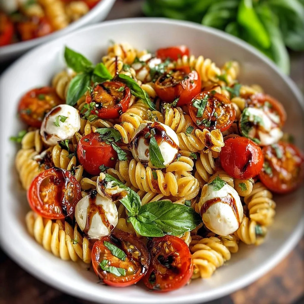 Delicious Caprese Pasta Salad with fresh mozzarella, tomatoes, basil, and balsamic glaze.