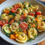 A vibrant dish of cheese tortellini combined with fresh vegetables