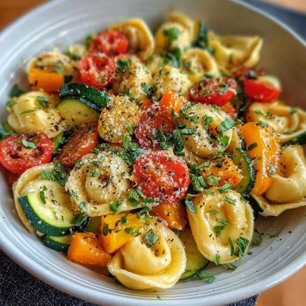 A vibrant dish of cheese tortellini combined with fresh vegetables