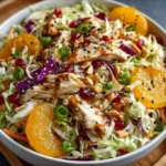 Bowl of Chicken Coleslaw Salad topped with Ginger Sesame Dressing