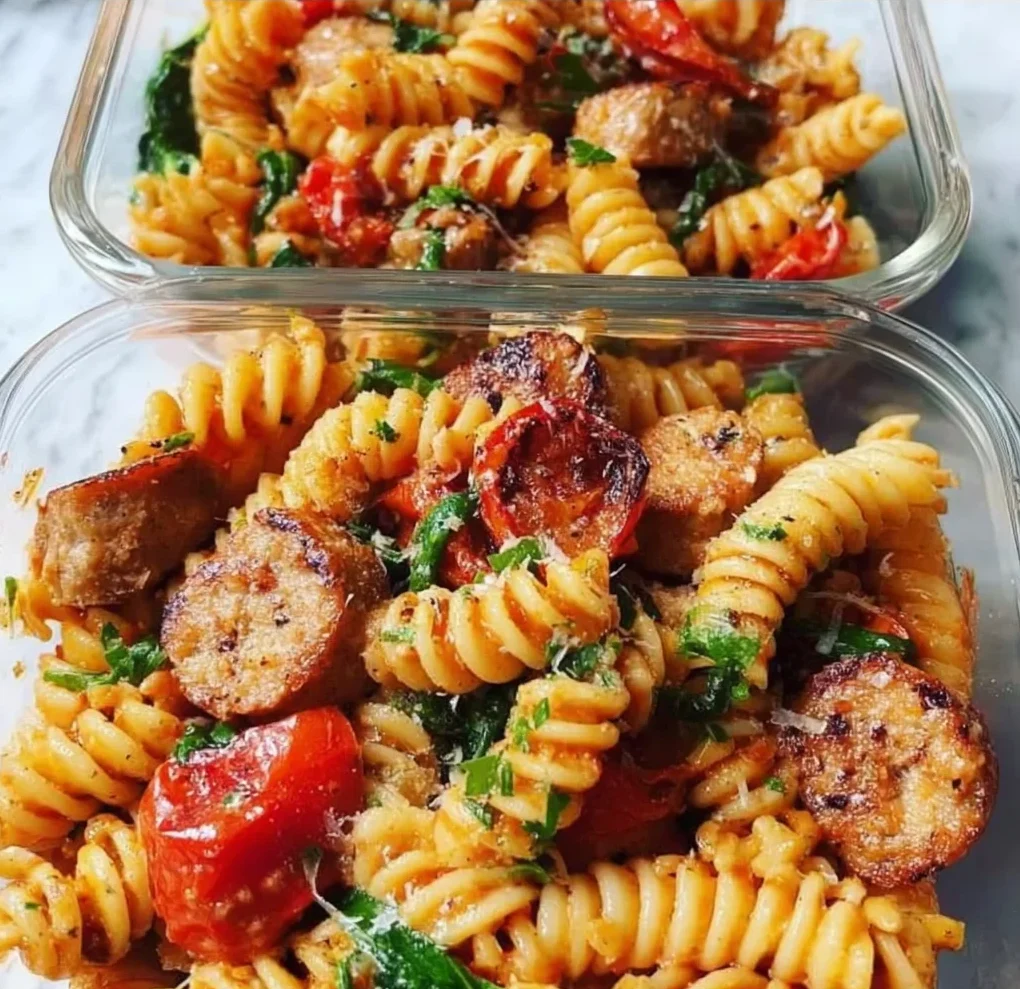 Plate of chicken sausage pasta garnished with herbs, ideal for meal prep.