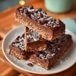 Delicious Chocolate Black Bean Oat Bars stacked on a wooden table.