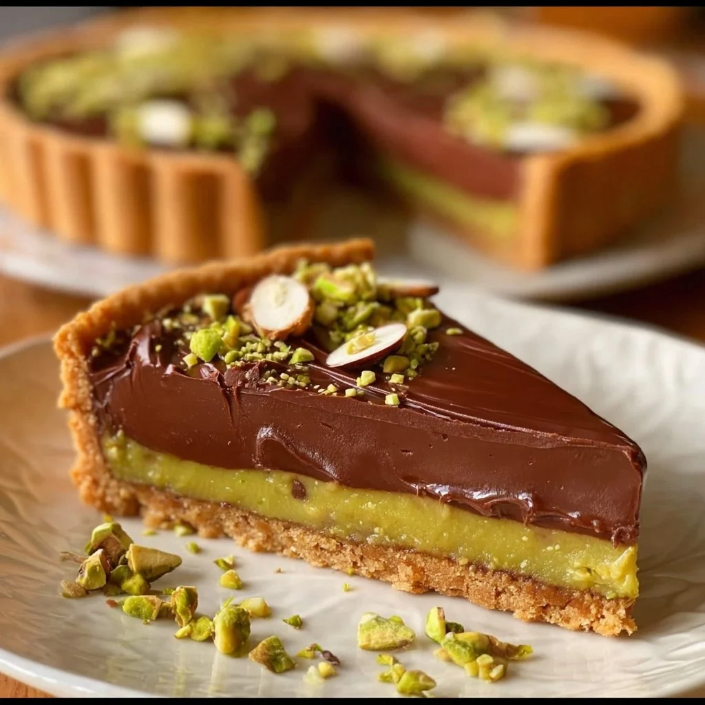 Delicious Chocolate Pistachio Ganache Tart with a nutty crust and chocolate filling.