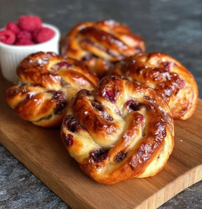 Chocolate Raspberry Swirl Brioche Buns fresh out of the oven.