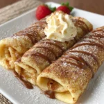 Delicious cinnamon crepes filled with yogurt, served on a plate.