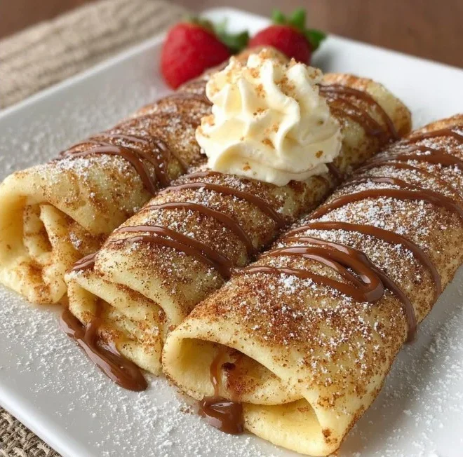 Delicious cinnamon crepes filled with yogurt, served on a plate.