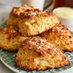 Freshly baked coconut scones on a plate, perfect for breakfast or snacks.