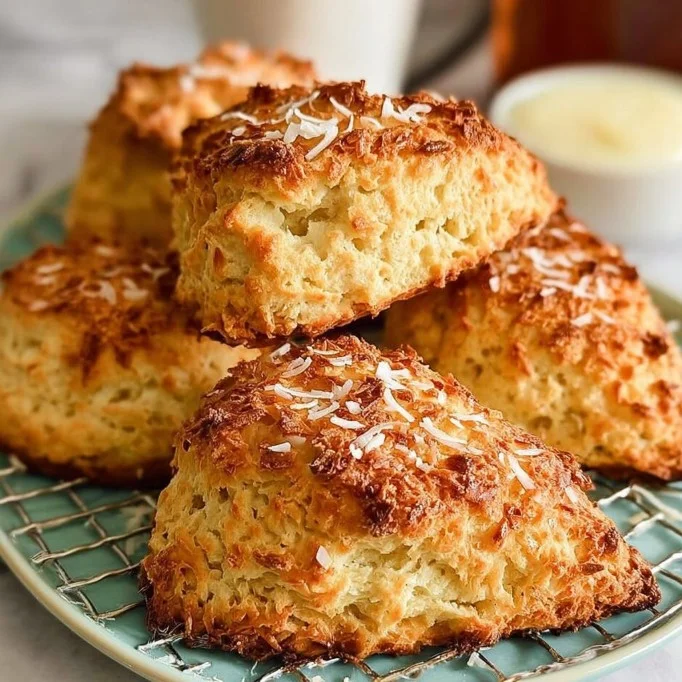 Freshly baked coconut scones on a plate, perfect for breakfast or snacks.