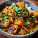 Delicious Coconut Turmeric Chicken served with sweet potatoes and crispy shallot oil