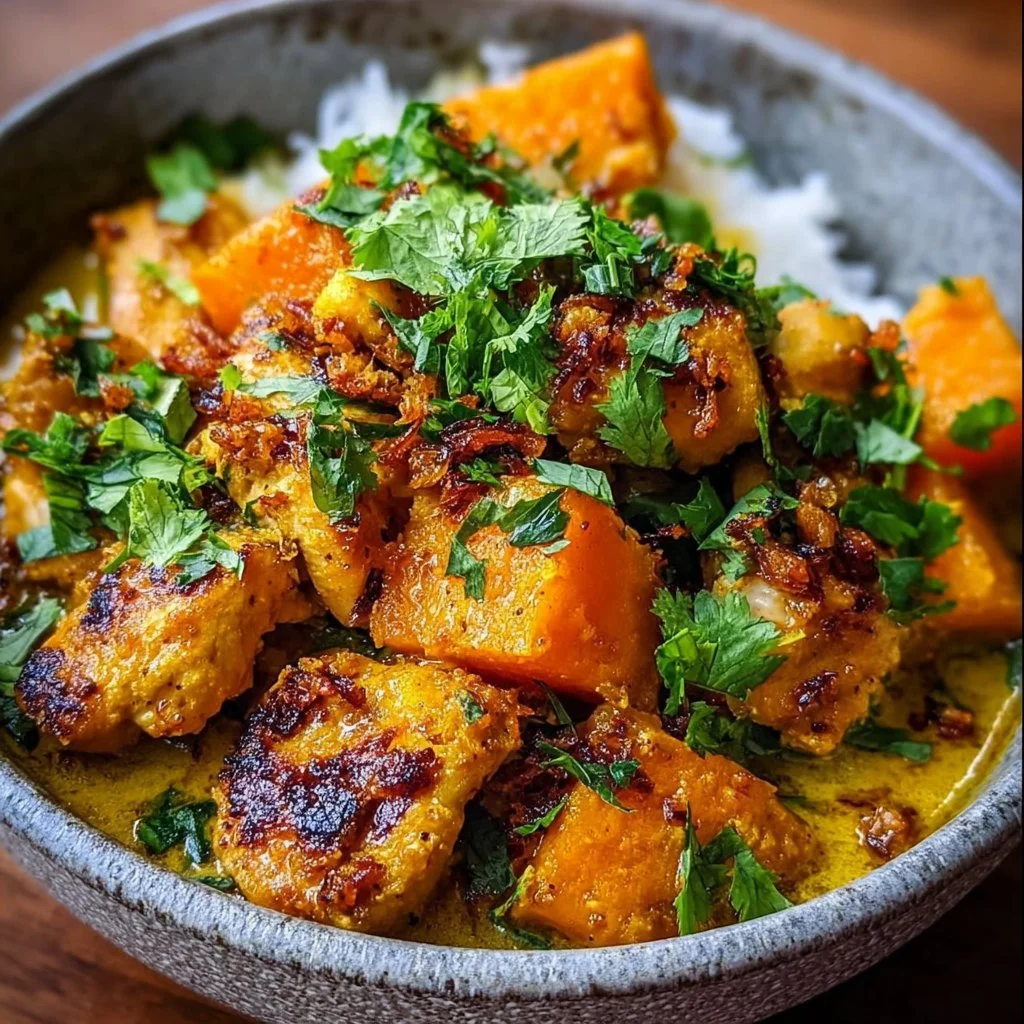 Delicious Coconut Turmeric Chicken served with sweet potatoes and crispy shallot oil
