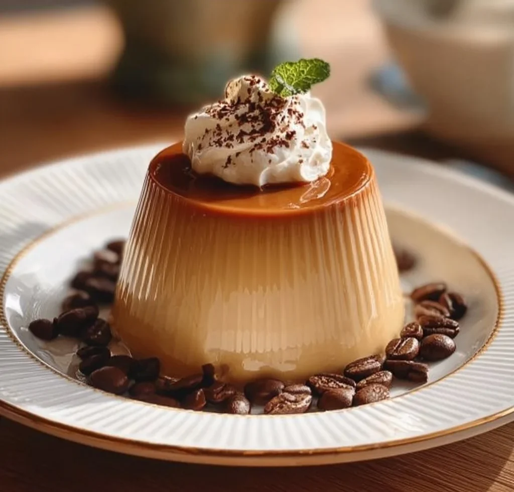 Delicious Coffee Panna Cotta dessert served in a glass with coffee beans