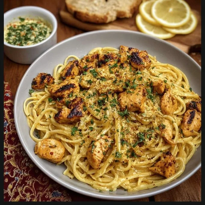 Delicious cowboy butter chicken linguine dish, showcasing pasta and creamy sauce.