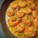 Creamy garlic shrimp dish garnished with herbs and served in a pan.