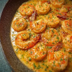 Creamy garlic shrimp dish garnished with herbs and served in a pan.